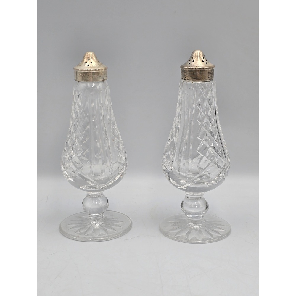 Set of Waterford Salt and Pepper Shakers 6in Clear Good Crystal EPNS Silver‎ Top